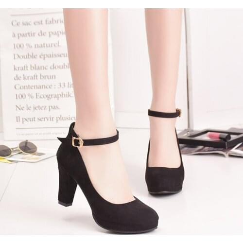 Ankle Strap High Heels Sweet Womens Pumps Flock Woman Thick Flock Platform Mary Jane Women Party Shoes Buckle Ladies Footwear
