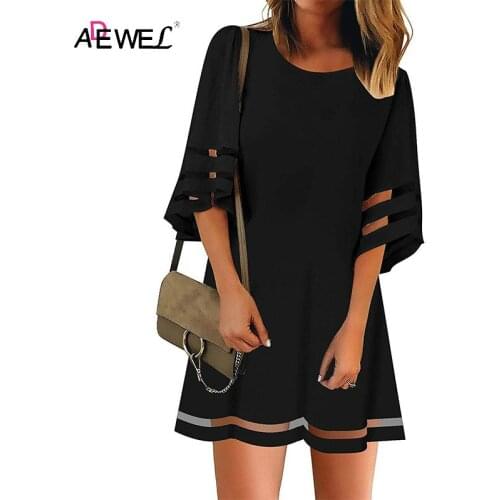 ADEWEL Summer Womens Dress 2021 New Casual Loose A-Line Dresses Mesh Patchwork Flare Sleeve Woman Beach Dresses O-neck Dress