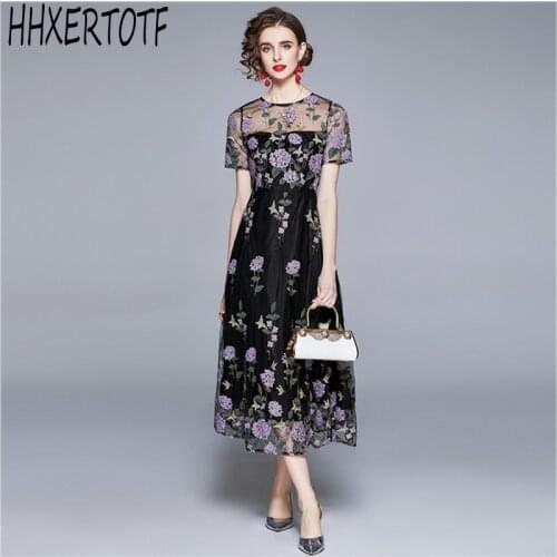 2021 Summer Fashion Designer Mesh Dresses Women O Neck Elegant Embroidery Dress