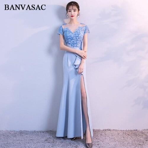 BANVASAC Illusion O Neck Split 2018 Lace Appliques Mermaid Long Evening Dresses Party Sequined Backless Prom Gowns