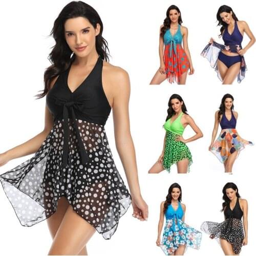 Bikinis 2021 Woman Two Piece Swimsuits With Skirt Sexy Deep V Print Vintage Swim Skirt Summer Bathing Suits Swimming