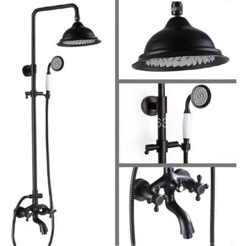Black Oil Rubbed Brass Bathroom Rainfall Shower Faucet 8.2" Round Shower Head Set Bathtub Tap Two Cross Handle ars451
