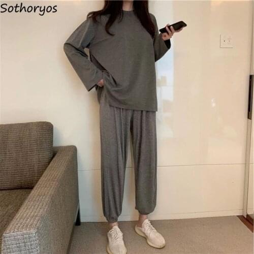 Pajama Sets Women Solid Simple O-neck Loose Half Sleeve Casual Females Homewear Clothes Korean Style Ins Comfortable Elastic