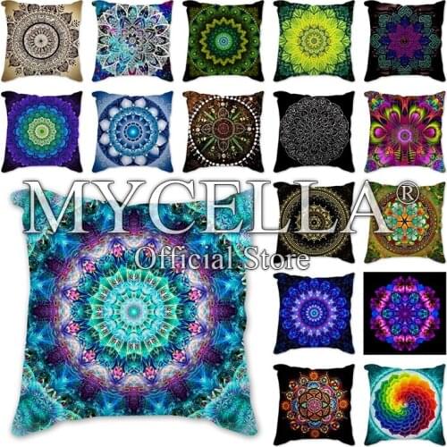 Home Decor Pillow Cover Flowers Flax Throw Pillows Sticker Flower of Life Mandala Print Cushion Cover Living Room Pillow Covers