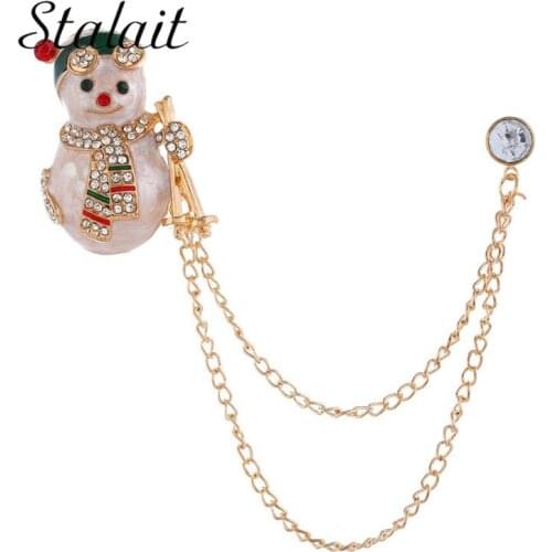 Enamel Christmas Snowman Gold Chain Brooches Crystal Cute Snowman Tassel Brooch Pin For Girl Christmas Birthday Gifts Jewelry