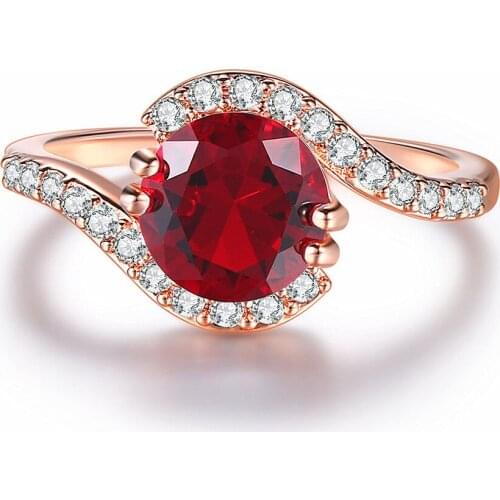 Classical red crystal ruby gemstones diamonds rings for women rose gold tone jewelry wedding engagement band bague party gifts