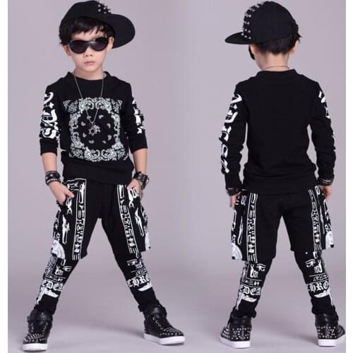 Hip Hop Costumes Boys Fashion Printed Long Sleeve Top Pants Street Dance Clothes Children Modern Stage Outfit Show Wear DNV12564