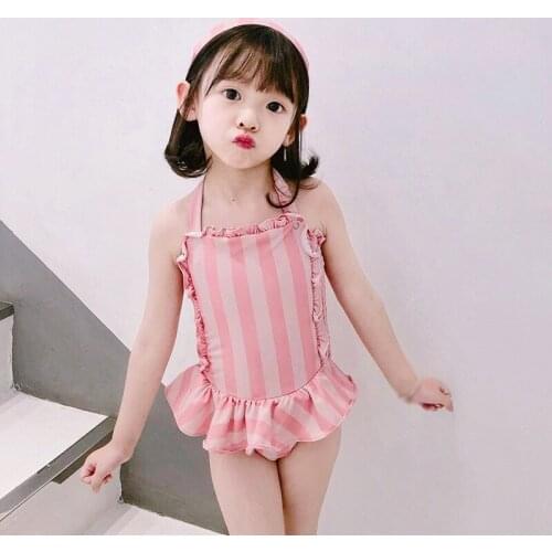 Girls Swimsuit Summer New Female Baby Cute INS One-piece Swimsuit Pink Striped Lace Swimsuit Send Swimming Cap