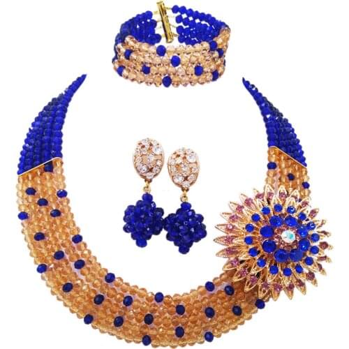 Fashion Royal Blue Champagne Gold Costume Statement Necklace Nigerian Wedding African Beads Jewelry Set Crystal 5L-ZJ029