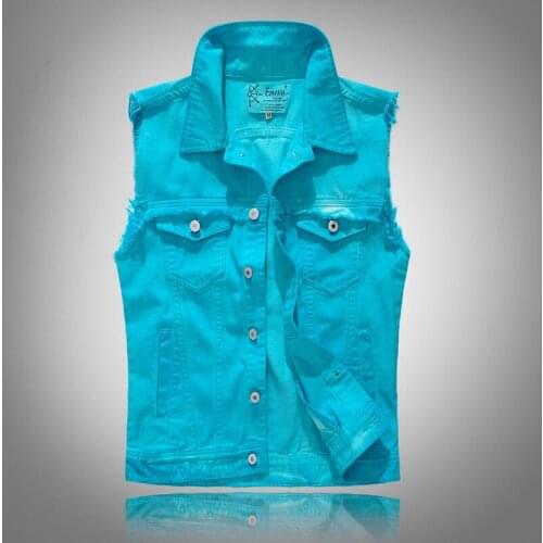 Luxery Mens Denim Vest Fashion Slim Fit Sleeveless Lake Blue Jackets Casual Hole Cowboy Waistcoat Brand Vests Hot M-2XL