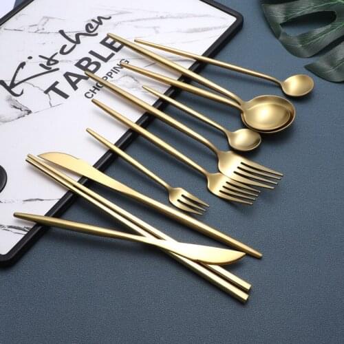 High-end Couple Tableware 304 Stainless Steel Steak Knife Fork Spoon and Chopsticks Set 4pcs Gold Tableware Cutlery Dinner Set
