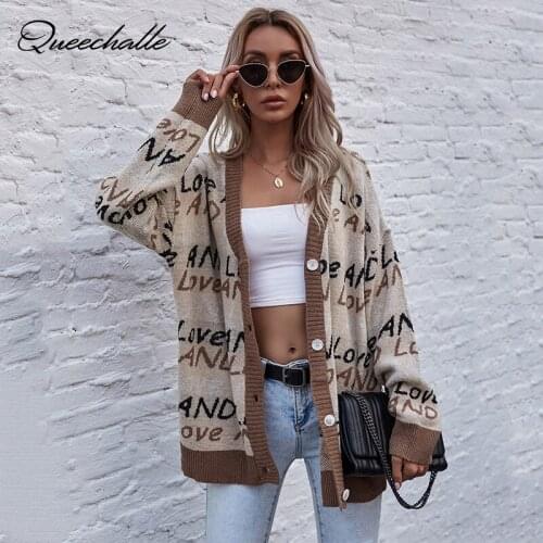 New Autumn Knitted Cardigan Womens V neck Letter Print Loose Mid Long Sweater Jackets for Woman Khaki Casual Knitting Tops