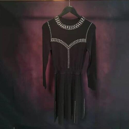 Patads French light luxury minority autumn winter black round neck short sleeve hot drill heavy industry dress ro00614