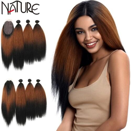 Nature Hair Bundles Yaki Straight Synthetic Hair Cosplay Lace Front With Closure 22 Inch Weave Hair Ombre Brown Hair Extensions