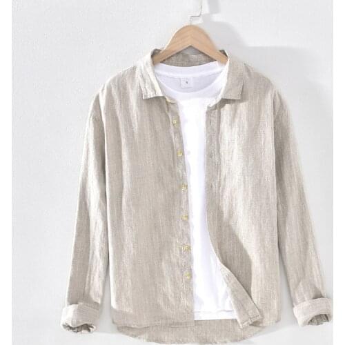 M1924 High Quality Linen Shirts For Men Yarn Dye Square Collar Long Sleeve Loose Casual Simple Streetwear Handsome Daily Tops