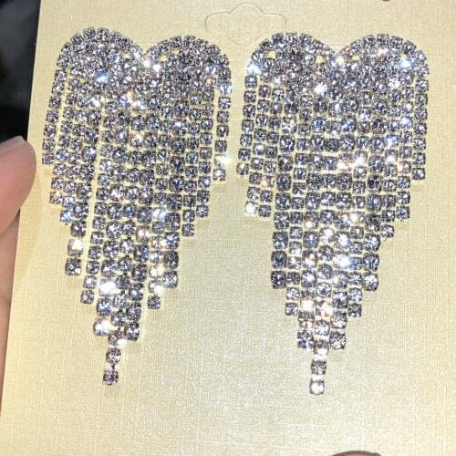 Luxury Rhinestone Tassel Earrings For Women Elegant Big Crystal Heart Drop Dangle Earring Wedding Jewelry Accessories Clip