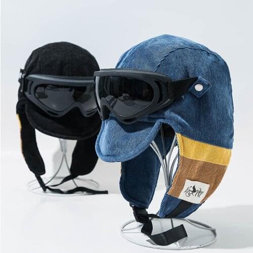 2020 New design Winter Bomber Hats Plush Earflap Russian Men Womens Trapper Hat Corduroy Snow Caps