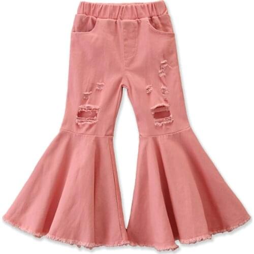 Spring Autumn Childrens jeans baby girls solid color bell-bottomed pants kids all-match cotton casual flared trousers