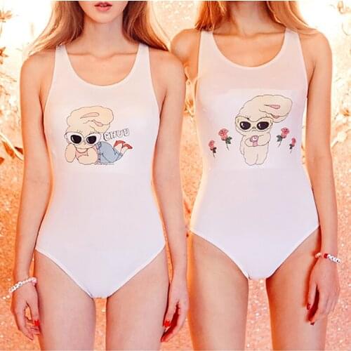 High Quality Cartoon Cute Rabbit White Sexy Twins Girl One Pieces Swimwear Summer Beach Solid Wire Free Lovely Women Swimsuit