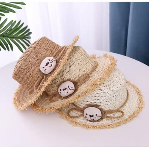 Cartoon Little Lion Straw Hat Sun Hat Wide Brim Straw Woven Sun Protection Hat Children Girl Straw Hat Outdoor Sun Protection