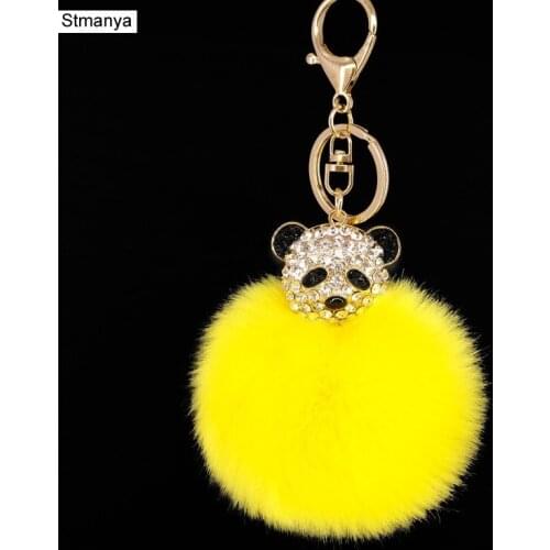 Rhinestones bear head Key Chain Faux Fur Pom Pom Keychain alloy Pendants Car Key Ring Women Lovely Bag Charms Accessories K1667