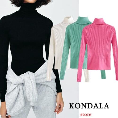 KONDALA Women Sweater Za Fashion 2021 Casual Knitted Sweaters Female Turtleneck Slim Mujer Tops Spring Pullovers