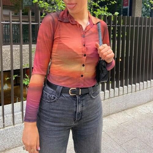 Women Close-Fitting Sexy See-Through Long Sleeve Shirt Autumn Ladies Orange Turn-down Collar Blouse