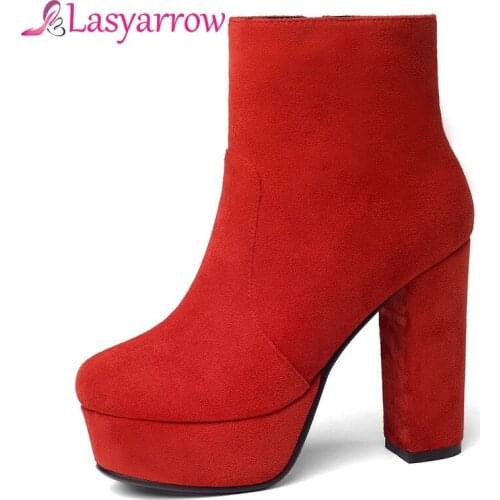 Lasyarrow Plus Size Ankle Boots For Women Platform Chunky High Heels Female Zipper Shoes Woman Short Boot Casual Ladies Footwear