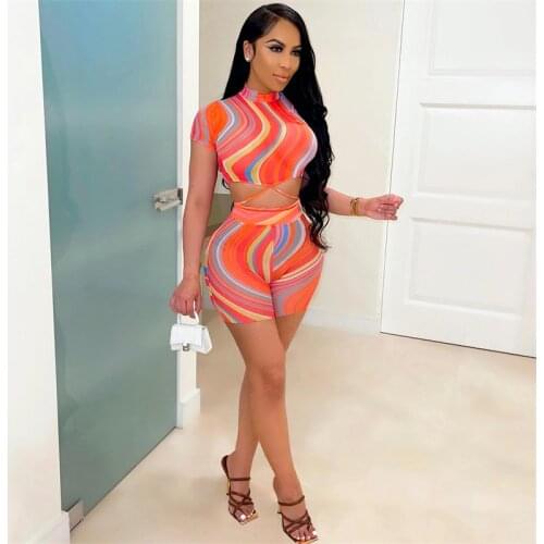 Thorn Tree Irregular Striped Print 2 Pieces Women Suits 2021 Sexy Short Sleeve O-neck T-shirts High Waist Shorts Lace-up Outfits