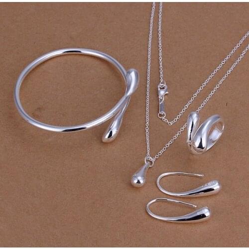 Women lady high-quality wedding , marked water drop necklace earrings bangles ring fashion Silver color jewelry sets S222