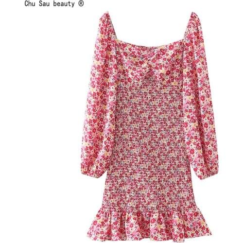 2021 Autumn Korean Fashion Cottagecore Sweet Square Collar Ruffle Floral Folds Slim-Fit Elastic Bodycon Puff Sleeve Dress Women