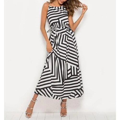 Beach Party Women Stripe Dress Sexy High Waist Sleeveless Wide Hem Dress Loose Summer Dresses Outdoor Open Back Elegant Skinny