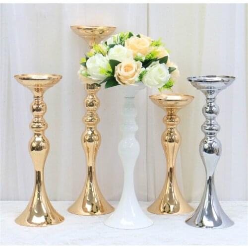 Gold White Silver Candle Holders Metal Candlestick Flower Stand Vase Table Centerpiece Event Flower Rack Road Lead Wedding Decor