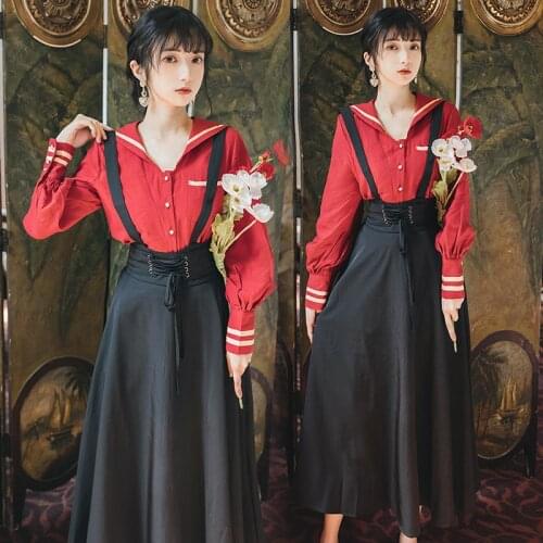 2019 new fashion womens clothing Retro shirt + strap dress women set 2 piece set women