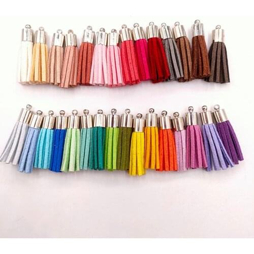 30Pcs/Lot 35mm Silver Top Leather Tassel For Keychain Cellphone Straps Fringe Suede Tassel DIY Pendant Summer Jewelry Findings