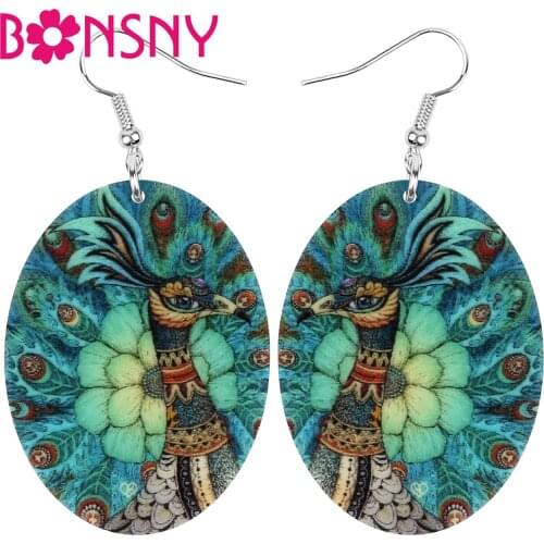 Bonsny Acrylic Oval Green Peafowl Peacock Earrings Big Feather Bird Animal Dangle Drop Jewelry For Women Girls Teen Vintage Gift