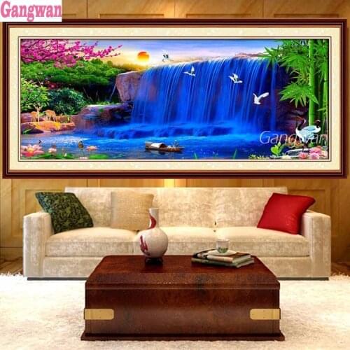Large DIY diamond painting Blue waterfall Cross stitch,Running water landscape diamond Embroidery kits full square round drill
