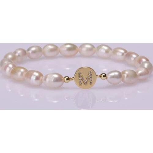 Boho Natural Freshwater Pearl Beaded Copper Micro-inlaid Zircon 26 Alphabet Letter Name Charm CZ Strand Unisex Bangle Bracelet