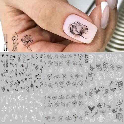 1pcs Black White 3D Nail Art Stickers Sliders Flowers Mandala Leaf Geometry Adhesive Nail Decals Foil Design Manicure F564-573