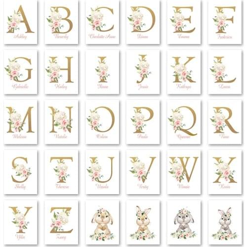 Custom Baby Name Wall Poster Personalized Nursery Wall Art Print Flower Gray Rabbit Canvas Painting Girl Bedroom Flora Pictures