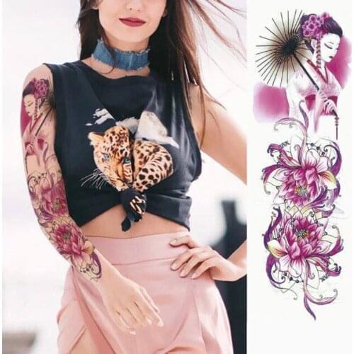 New 1 Piece Temporary Tattoo Sticker Geisha lotus flower Tattoo with Arm Body Art Big Sleeve Large Fake Tattoo Sticker
