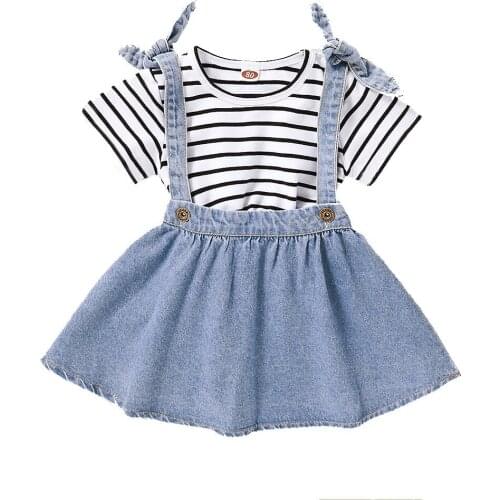 Toddler Baby Girls Clothes Striped Print T-shirt Tops+Suspender Denim Skirts Outfits Kids Baby Girl Clothing Set baby girl dress