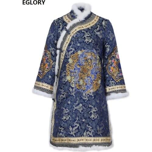 Top Quality New Brand Chinese Dress 2020 Warm Winter Party Vintage Women Thick Cotton Padded Lurex Embroidery Parka Dress Qipao