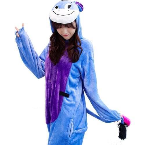 Adults Pajamas Women Men Flannel Sleepwear Kigurumi Donkey Cartoon Animal Pajama Sets Pijamas Hooded Pyjamas Sleepwear