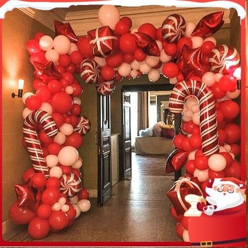 Christmas Balloon Garland Arch Kit Latex White Red Balloons Candy Cane Foil Balloons for Christmas Party Decorations Supplies