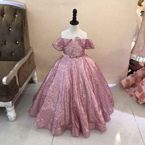 Pink A-line Evening Dresses For Girls Sparkle Ruffles O-neck Sweet Flower Girls Dresses 2020 vestidos robe ET0416