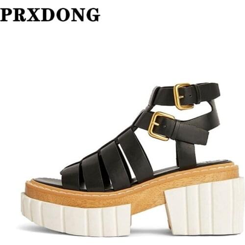 Classic Women Shoes Thick High Heels New Fashion Genuine Leather Platform Casual Dress Punk Shoes Woman Gladiator Sandals 34-39