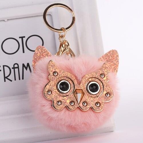 Lovely Sequin Ear Owl Keychains For Girls Boy Fluffy Fake Animal Fur Ball Pompon Key Chain Charm Women Bag Key Ring Teacher Gift