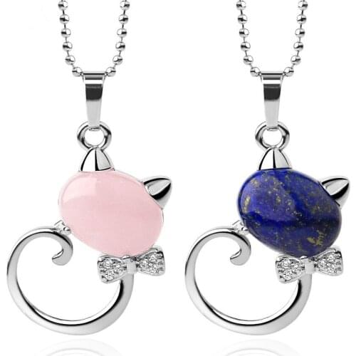 Trendy Natural Stone Cat Pendant Necklace with Beads Chain Jewelry for Women or Men Multi Colors for Options