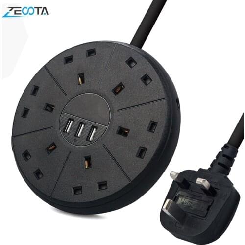 Multi Power Strip Surge Protector Outlet UK Plug Sockets USB Quick Charger Circuit Breaker Switch Non-Slip Mat 2m Extension Cord
